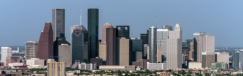 Skyline of Houston, as seen from the roof of the 41-story Marathon Oil Tower, headquarters building of the Marathon Oil Corporation, located several miles west of downtown Houston, Texas.